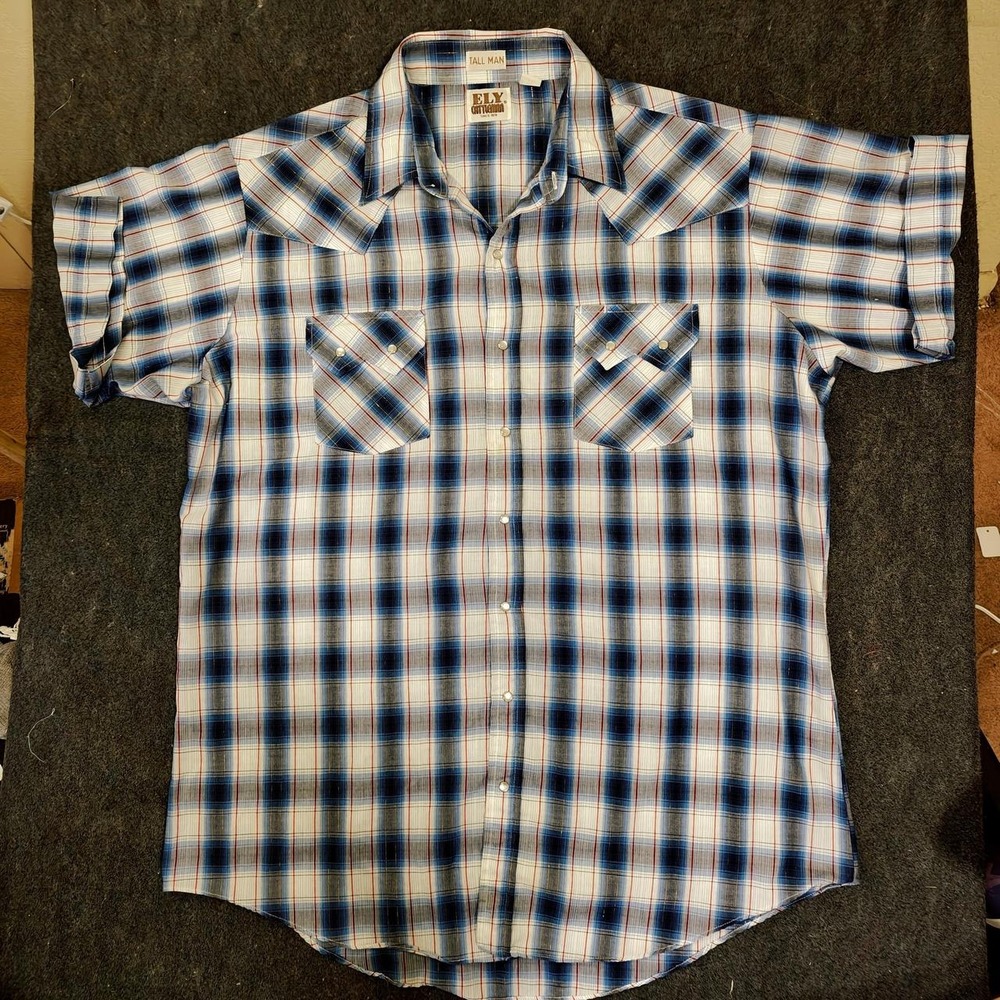 Ely Cattleman Mens XLT Plaid Pearl Snap Western Shirt Blue Short Sleeve Tall